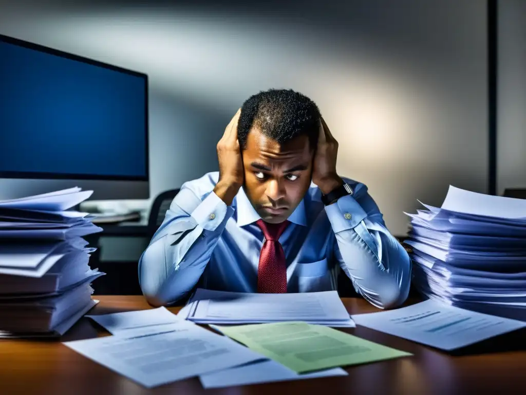 Trabajador exhausto en oficina con papeles, mirando pantalla con frustración