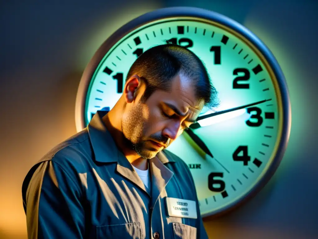 Trabajador exhausto mirando el reloj en ambiente laboral con violación derechos laborales por horas extras