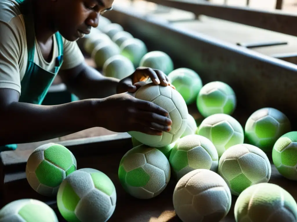 Trabajador de fábrica cosiendo balones de fútbol en un ambiente oscuro y abarrotado, destacando la responsabilidad de marcas en derechos laborales