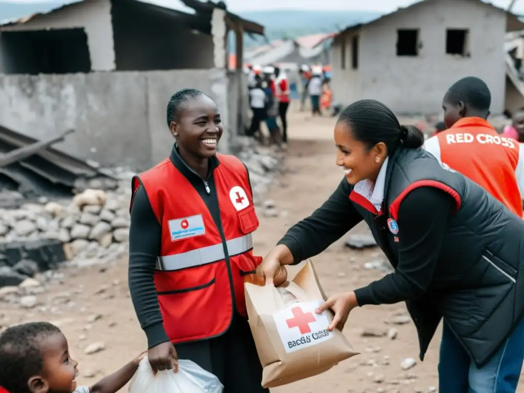 Un trabajador humanitario de la Cruz Roja Internacional distribuye alimentos y suministros en una zona devastada por la guerra, rodeado de personas agradecidas