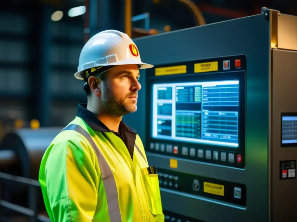 Trabajador industrial inspecciona maquinaria en fábrica, mostrando dedicación a la prevención de enfermedades profesionales laborales