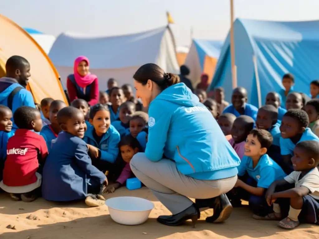 Un trabajador de UNICEF se arrodilla, interactuando con niños de diferentes edades y nacionalidades en un bullicioso campo de refugiados