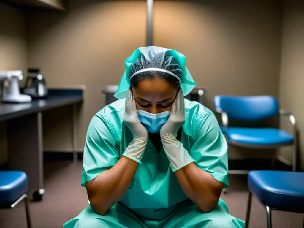 Trabajador de la salud agotado en sala de descanso, reflejando el desafío de derechos humanos en pandemias