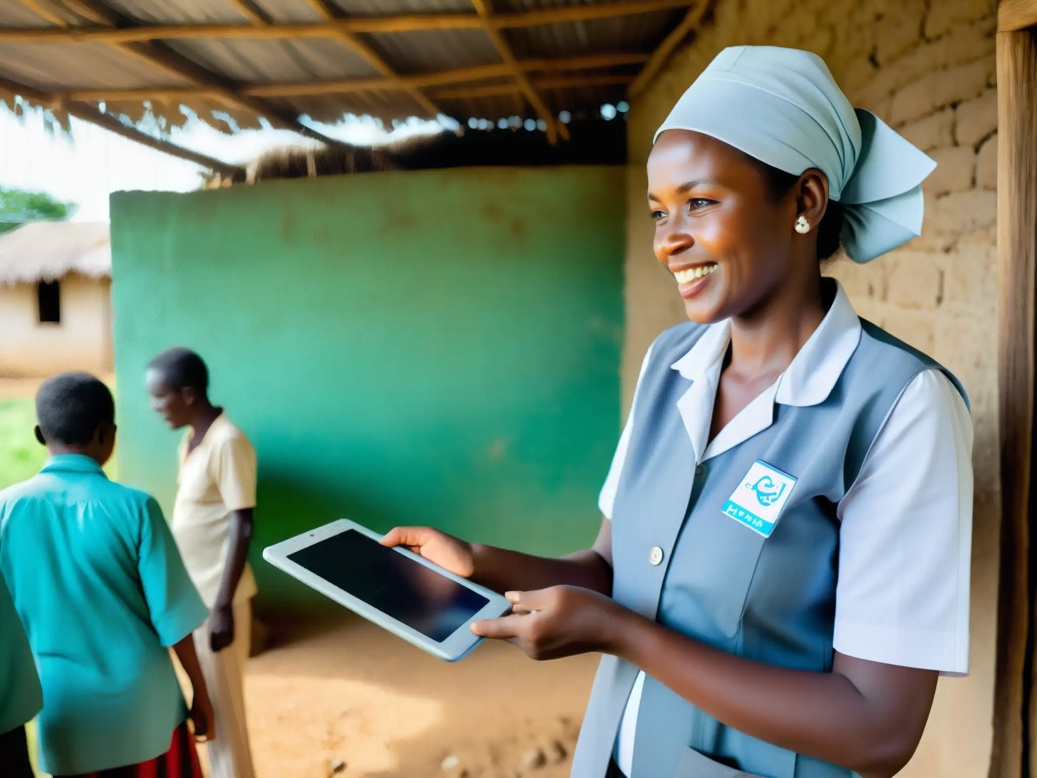 Un trabajador de salud comunitaria utilizando una tableta digital para mejorar la salud pública en una zona rural