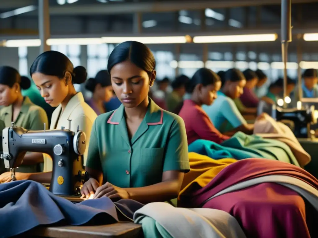 Trabajadoras del textil agotadas en fábrica abarrotada, reflejando el impacto de la moda rápida en su labor