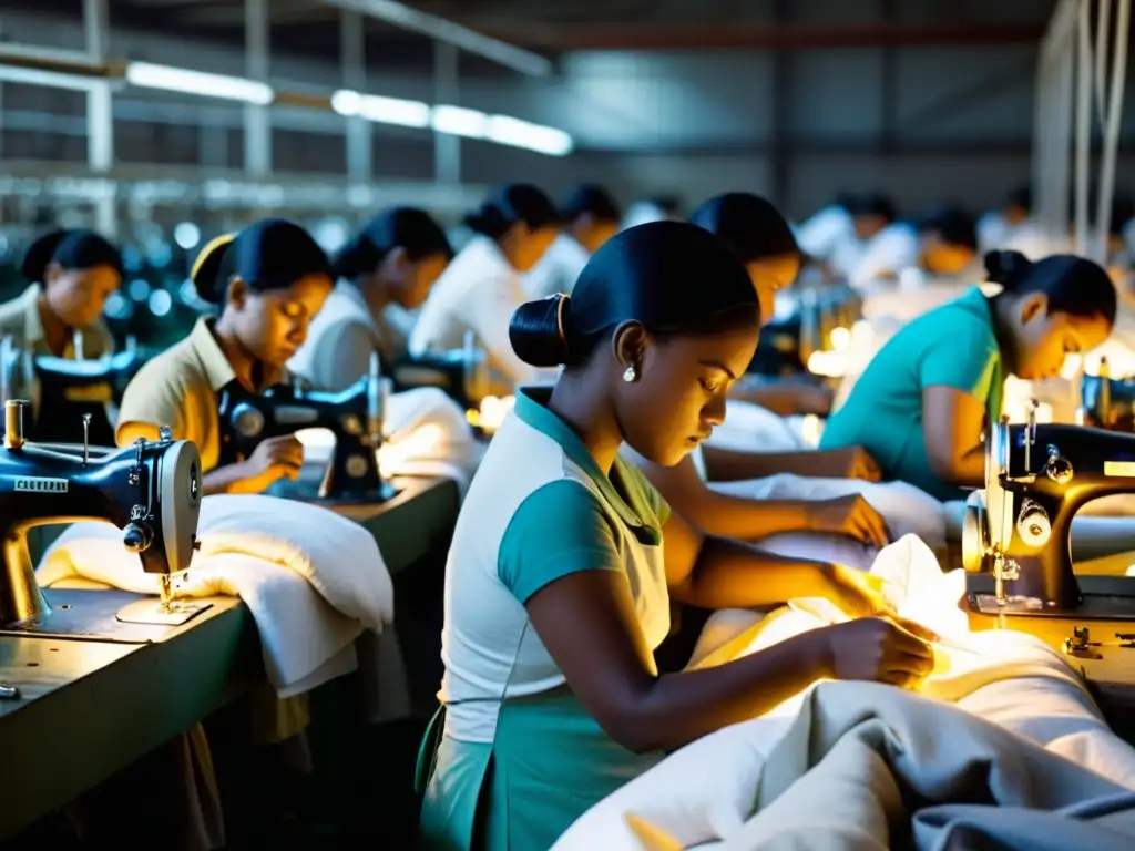 Trabajadoras del textil en fábrica, agotadas por impacto de la moda rápida, cosiendo prendas en entorno laboral intenso y sombrío