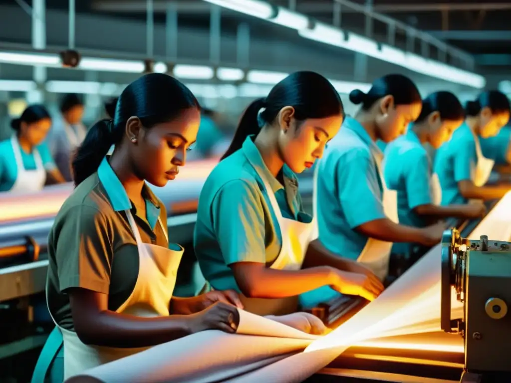 Trabajadoras del textil en fábrica, rostros cansados pero determinados, iluminados por maquinaria