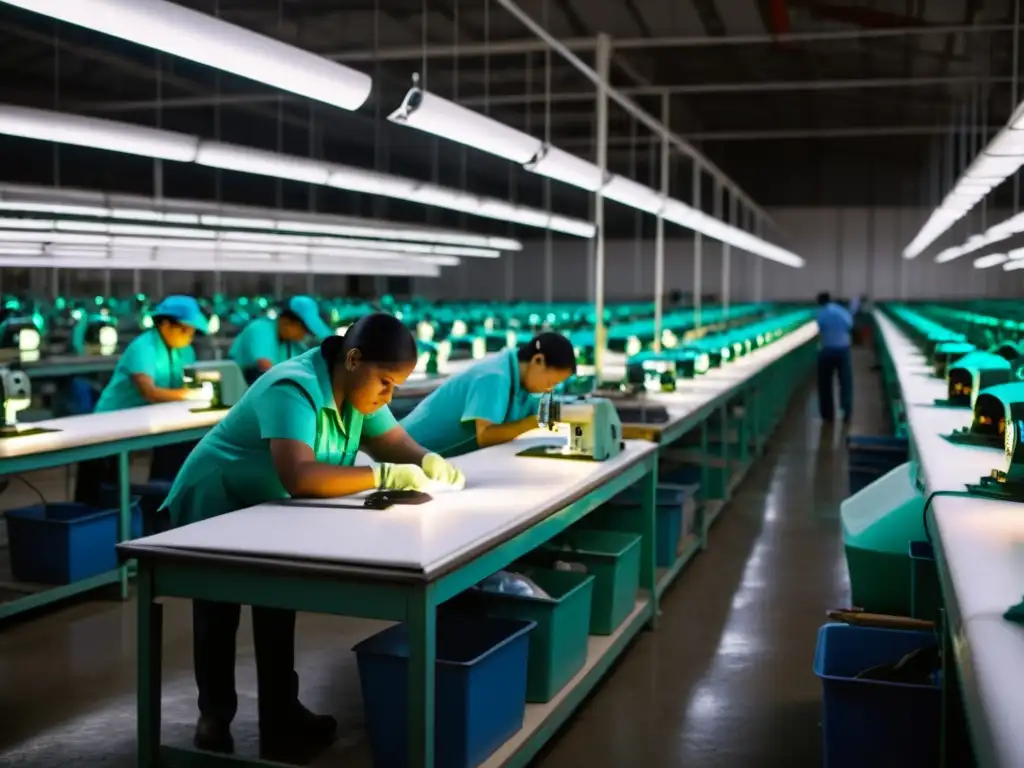 Trabajadores agotados en fábrica, iluminados por luces intensas