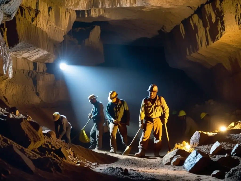 Trabajadores agotados en mina oscura, rostros sucios por el sudor y la suciedad