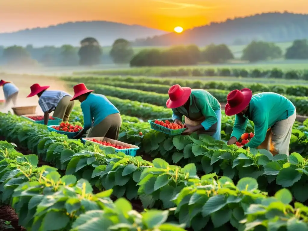 Trabajadores agrícolas cosechando fresas rojas al amanecer con protección derechos trabajadores agrícolas