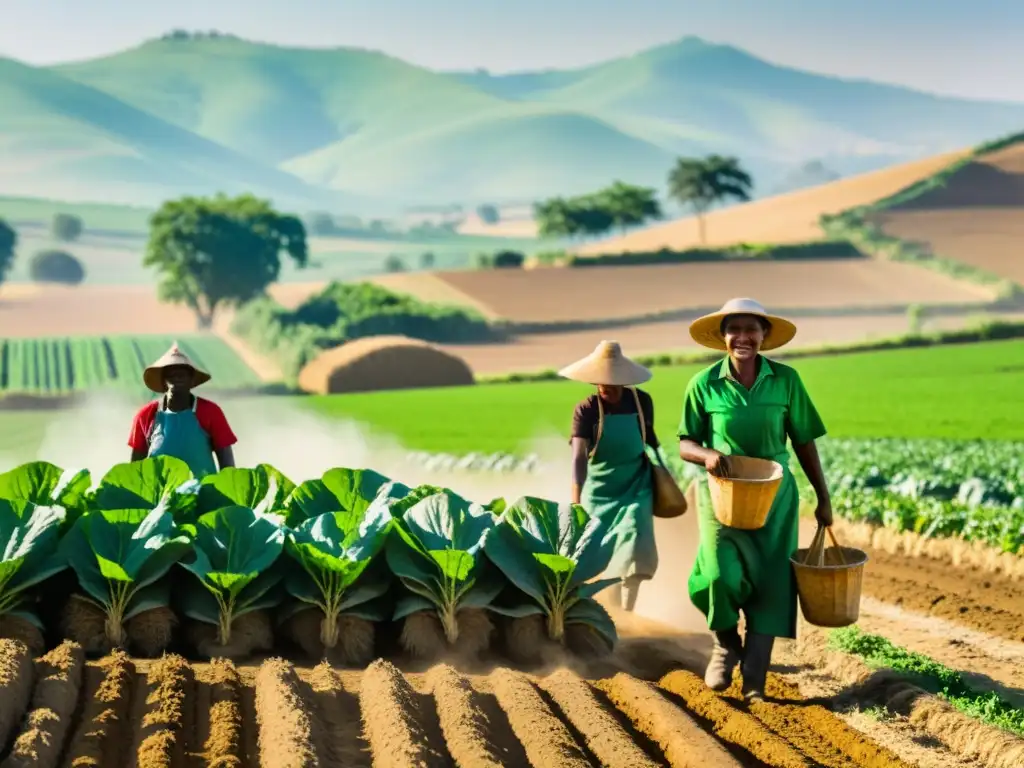 Trabajadores agrícolas cosechando bajo el sol intenso, mostrando determinación y fatiga