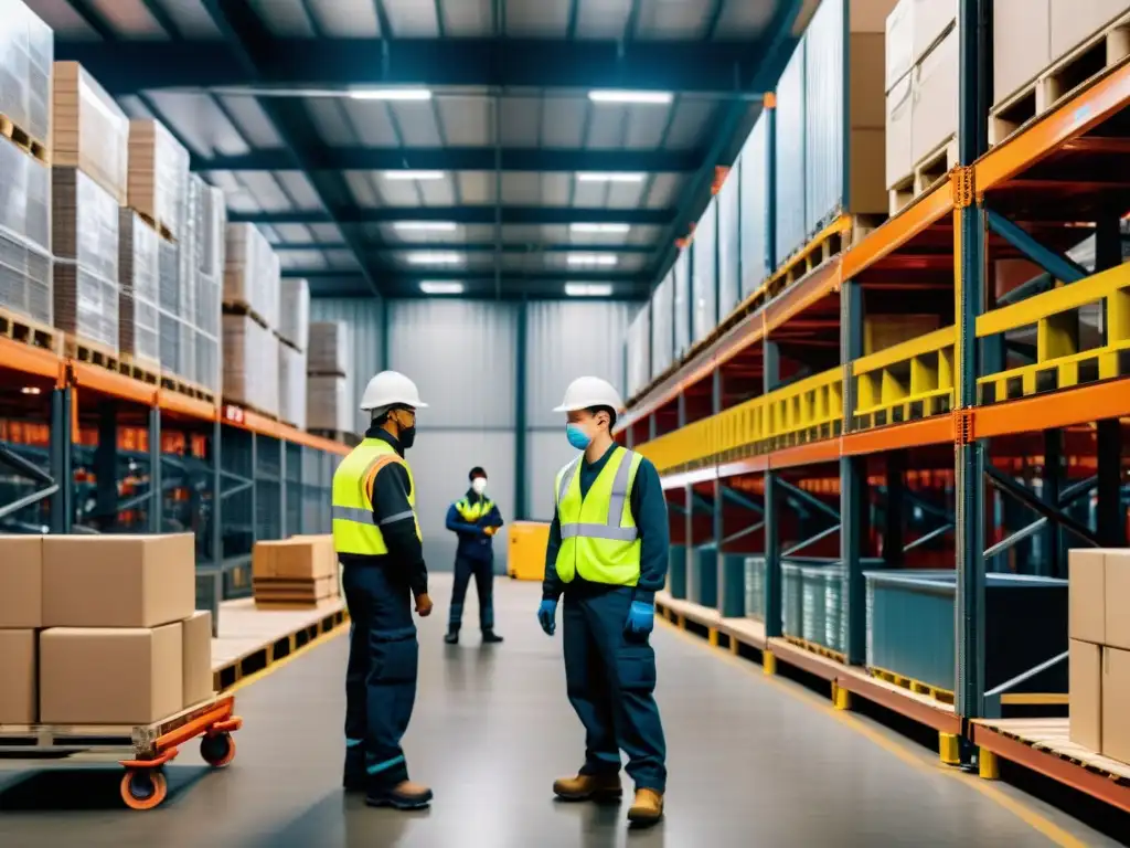 Trabajadores en almacén industrial cumpliendo normativas de seguridad laboral global