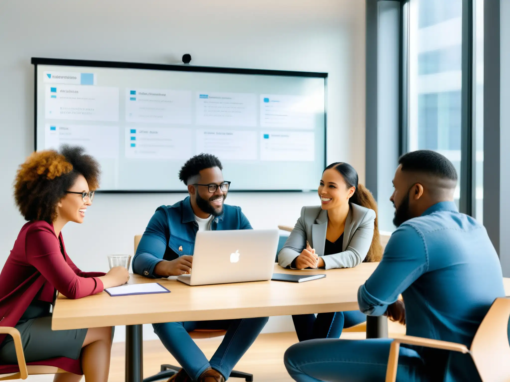 Debate laboral en oficina moderna: diversidad y colaboración Trabajadores apasionados discuten derechos laborales y tecnología en una oficina moderna