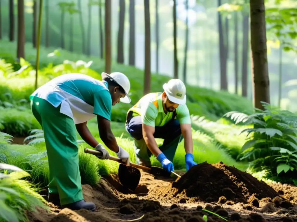 Trabajadores diversos plantan árboles en un bosque verde, promoviendo la relación entre derechos laborales y sostenibilidad