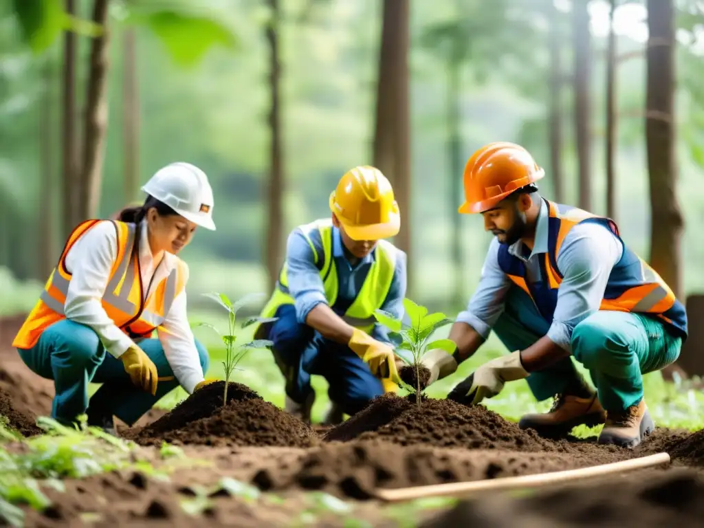 Trabajadores plantan árboles en un bosque verde, bajo la cálida luz solar, en armonía con la sostenibilidad y los derechos laborales