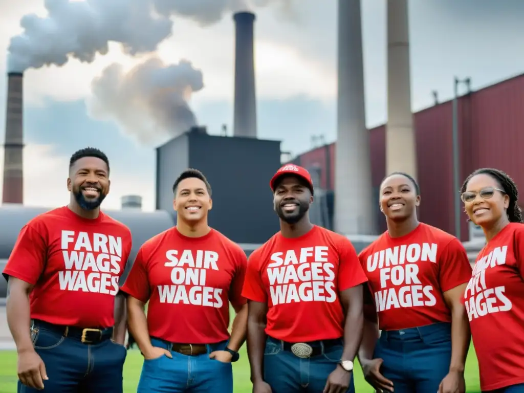 Trabajadores en camisas rojas sindicales sostienen pancartas frente a una fábrica humeante