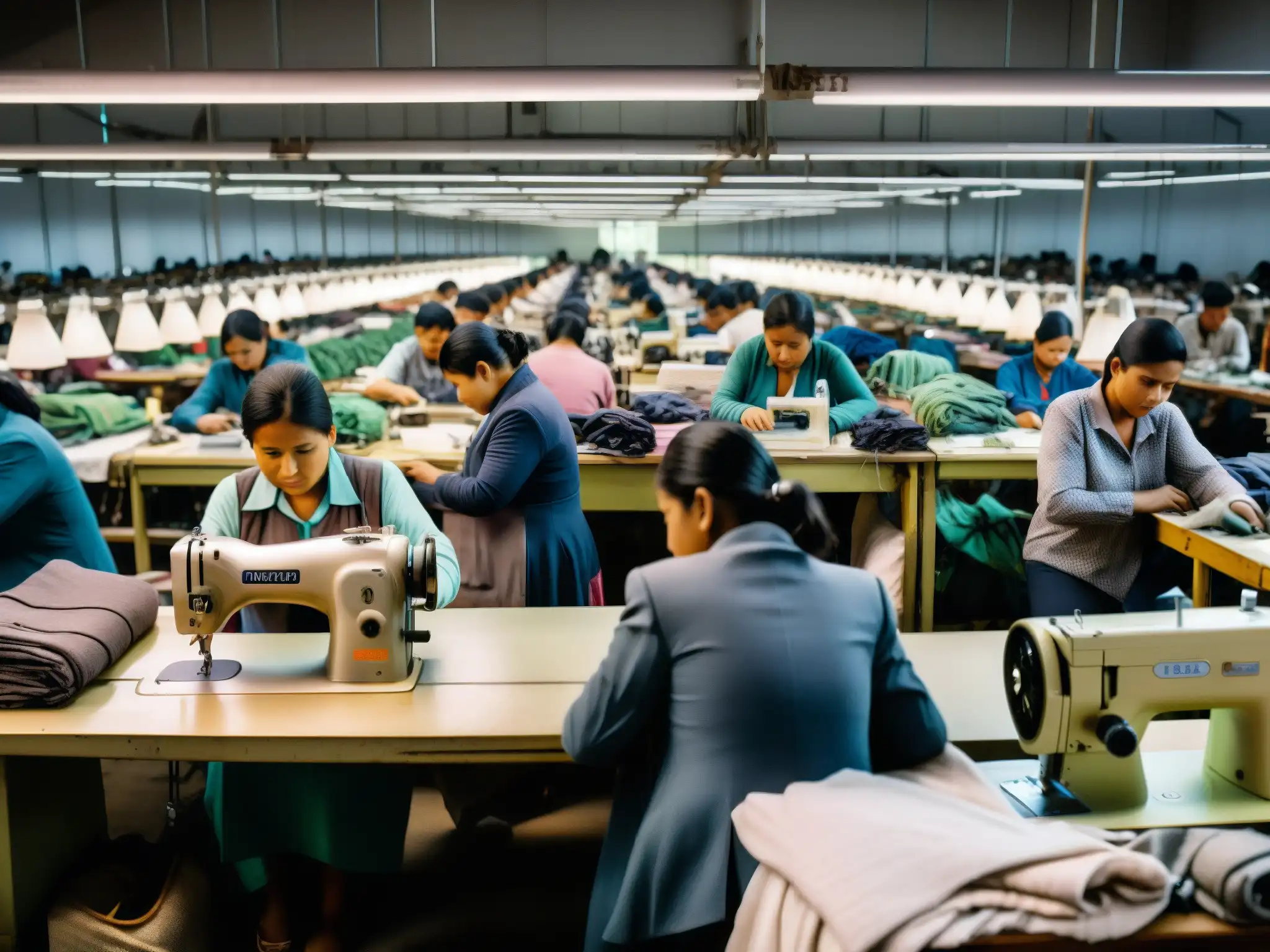 Trabajadores en condiciones precarias en una fábrica, reflejando la explotación laboral en el comercio global