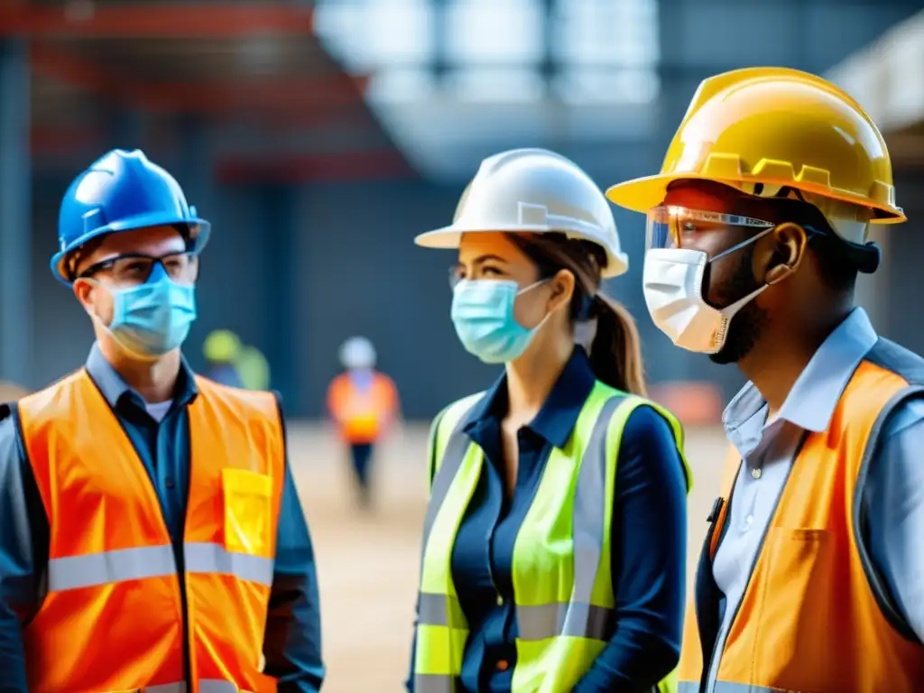 Trabajadores diversos con EPP en entornos industriales, demostrando medidas de seguridad y prevención de enfermedades profesionales laborales