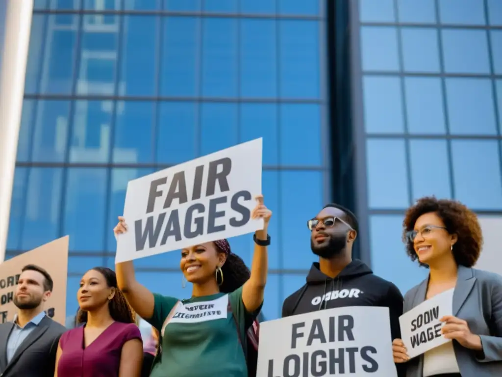 Trabajadores de la economía gigante luchando por derechos laborales frente a la sede de la empresa