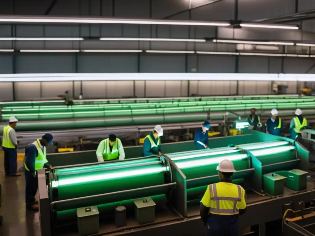 Trabajadores enfocados en tareas en fábrica, iluminados por luces fluorescentes