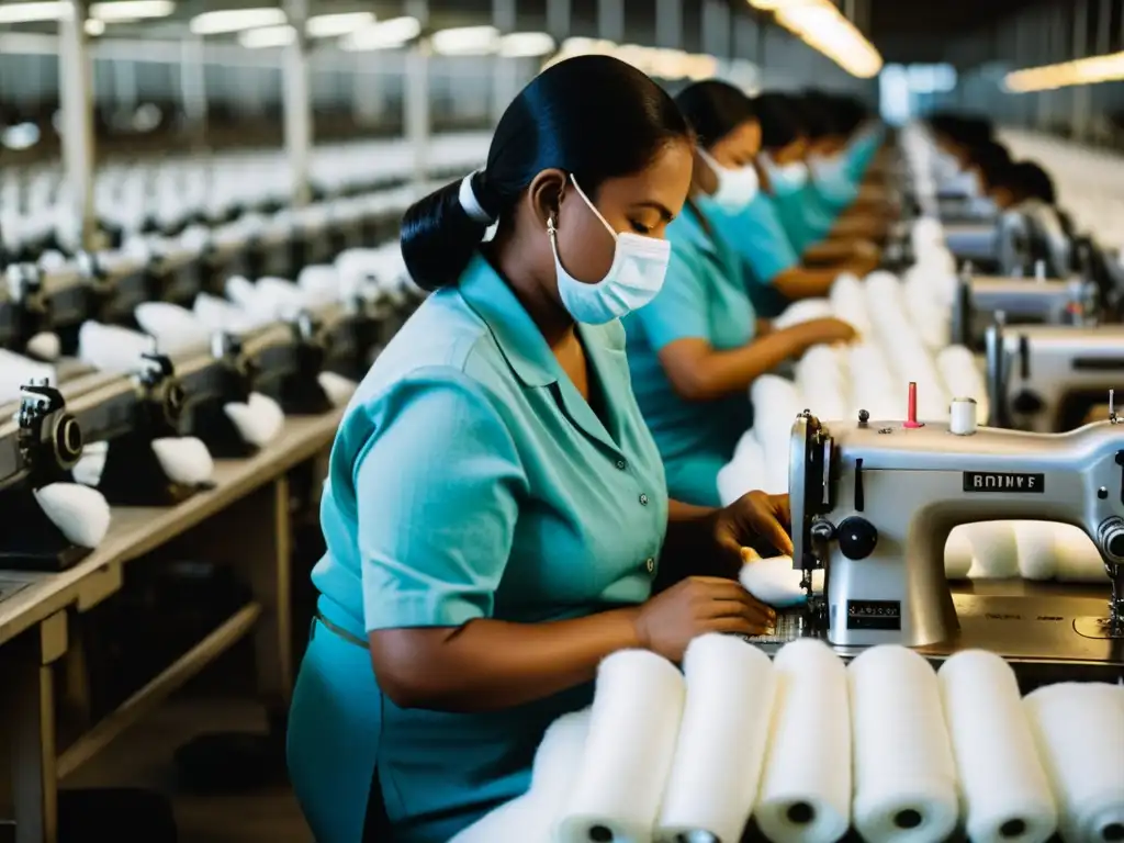 Trabajadores exhaustos en fábrica textil, reflejando la explotación laboral en la industria textil global