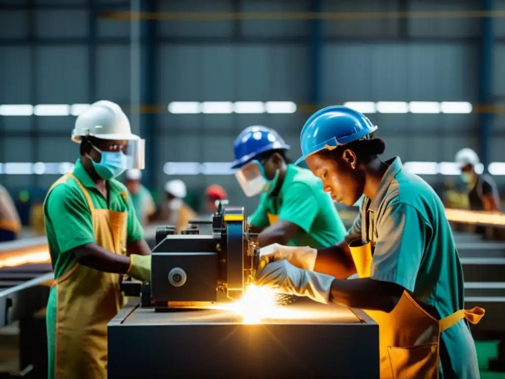 Trabajadores en fábrica de país en desarrollo, laborando en maquinaria con protección