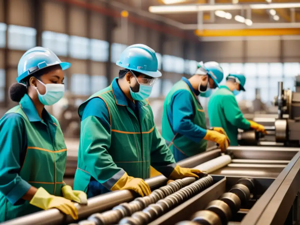 Trabajadores en fábrica emergente, operando maquinaria en cálida luz natural, con equipo de protección