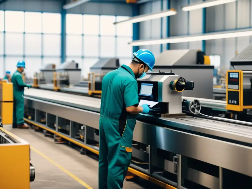 Trabajadores en fábrica operando maquinaria, destacando la automatización y el derecho al trabajo en la era moderna