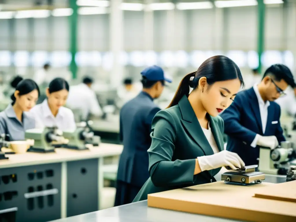 Trabajadores en fábrica de marcas de lujo, creando productos de alta gama con precisión y dedicación