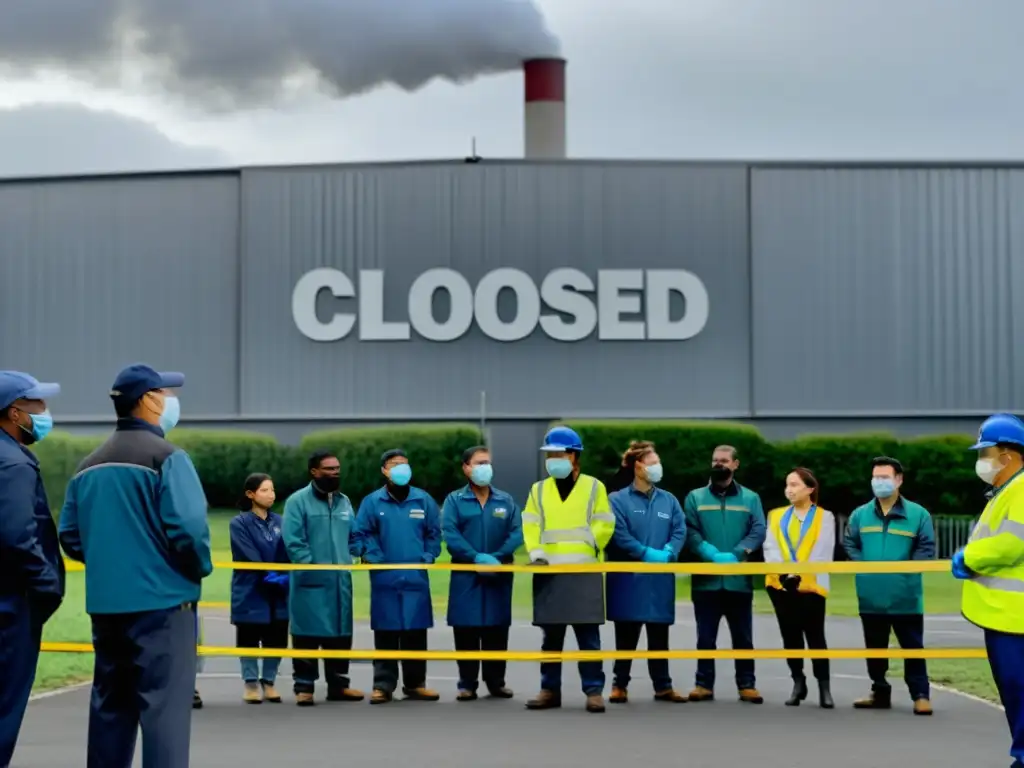 Trabajadores en fila afuera de fábrica con letrero 'Cerrado', expresan incertidumbre y el impacto global de pandemias en el derecho al trabajo