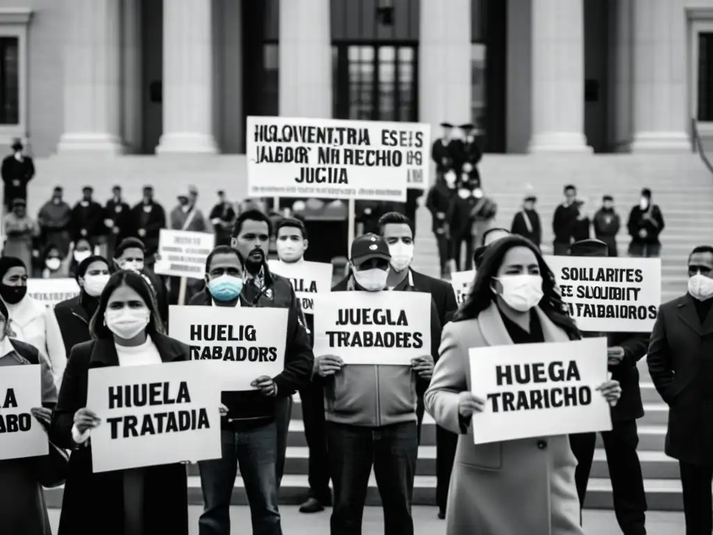 Trabajadores en huelga frente a edificio gubernamental, expresando unidad y determinación en la lucha por sus derechos laborales