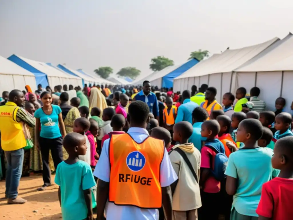 Trabajadores humanitarios distribuyen ayuda en campamento de refugiados, mostrando solidaridad internacional en crisis humanitarias