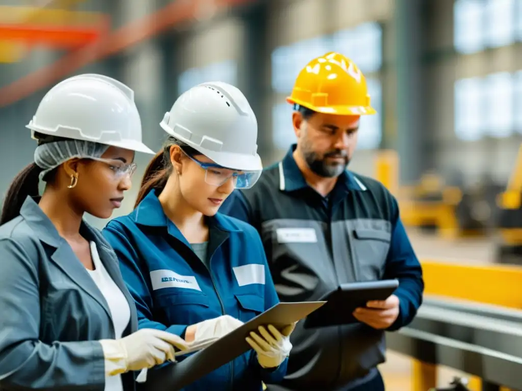 Trabajadores industriales realizan inspección de seguridad en planta de fabricación, destacando la prevención de enfermedades profesionales laborales