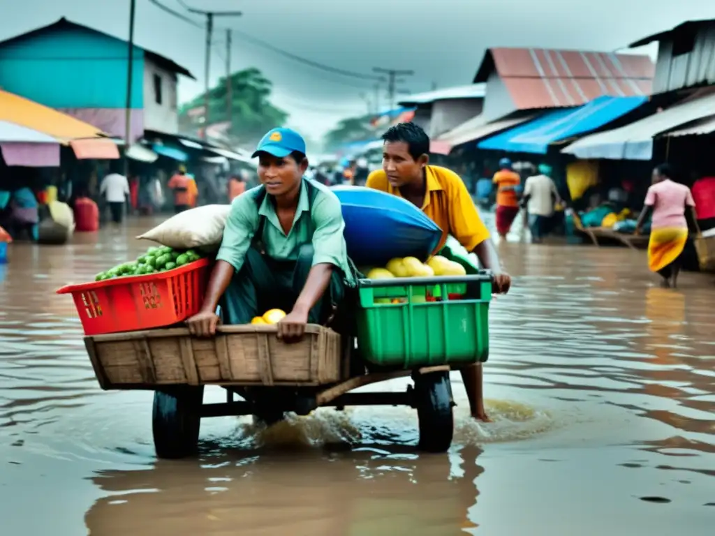 Trabajadores informales en mercado inundado, reflejo del cielo nublado