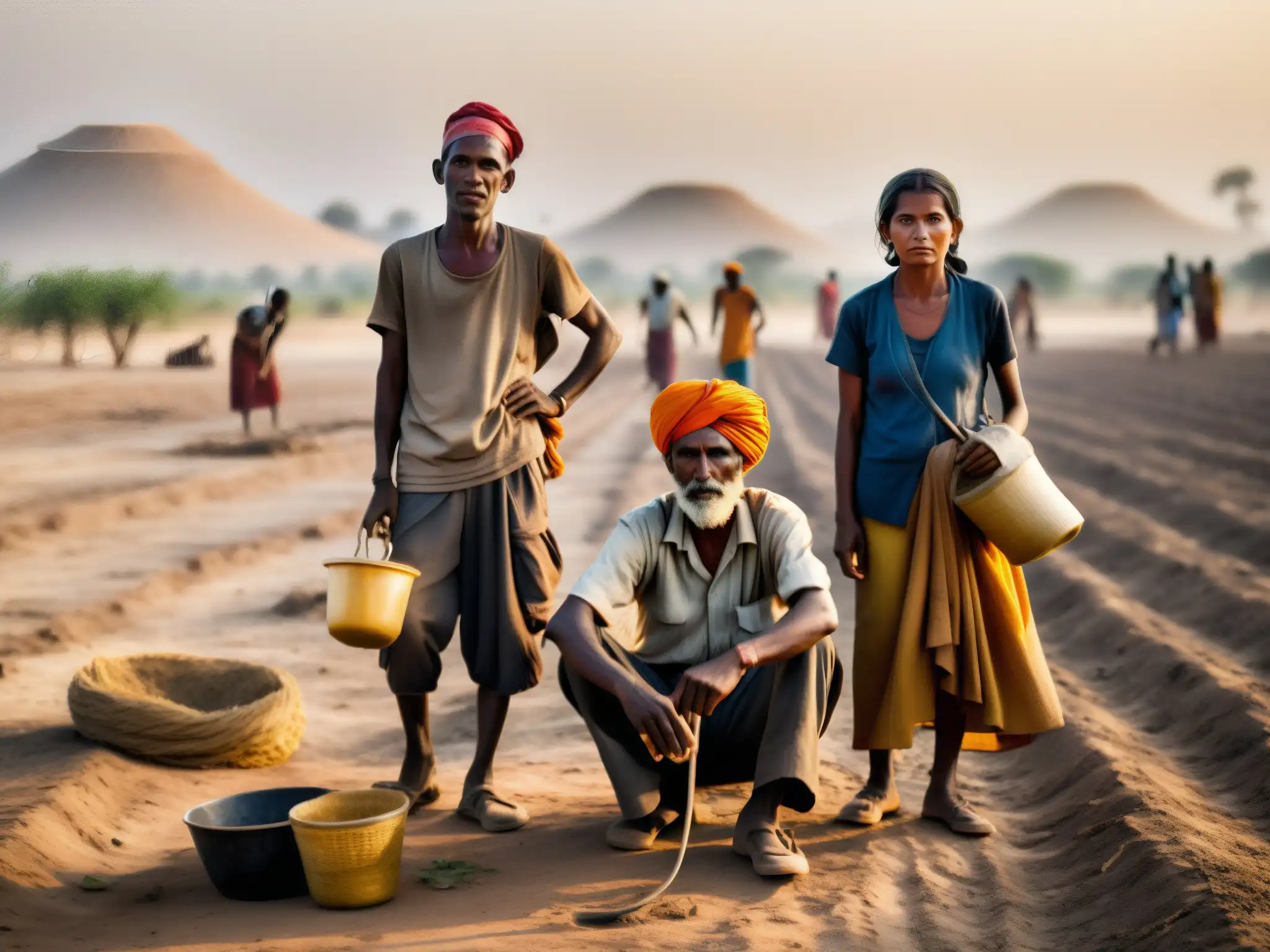 Trabajadores informales laborando bajo el sol abrasador en un paisaje desolado, evidenciando el impacto del cambio climático en la economía informal