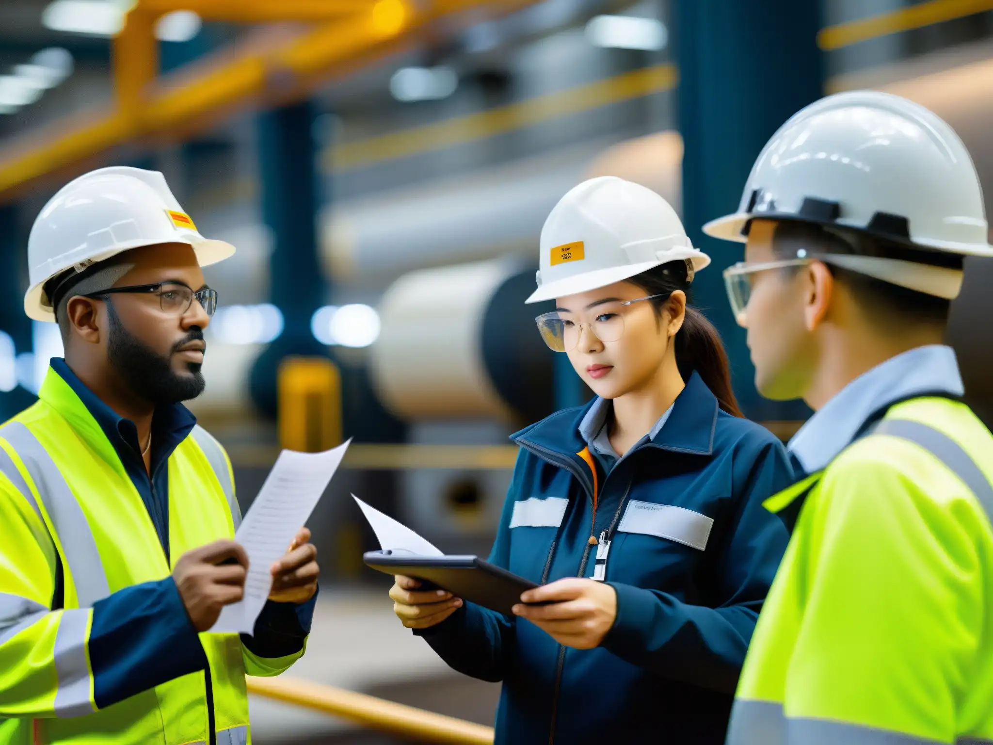 Trabajadores realizando inspección de seguridad en fábrica, demostrando compromiso con la prevención de enfermedades profesionales laborales