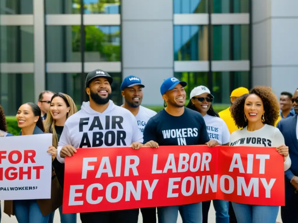 Trabajadores desafían legalidad en economía laboral con activismo diverso y determinado frente a edificio corporativo