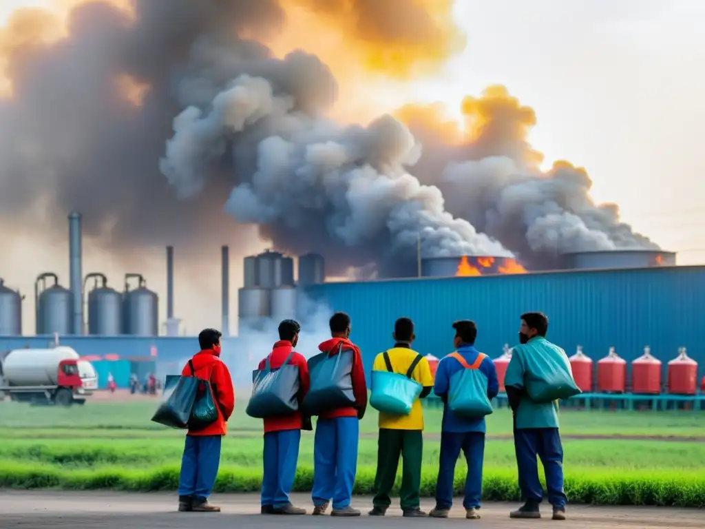 Trabajadores migrantes esperando afuera de la fábrica, simbolizando la lucha por protección derechos trabajadores migrantes