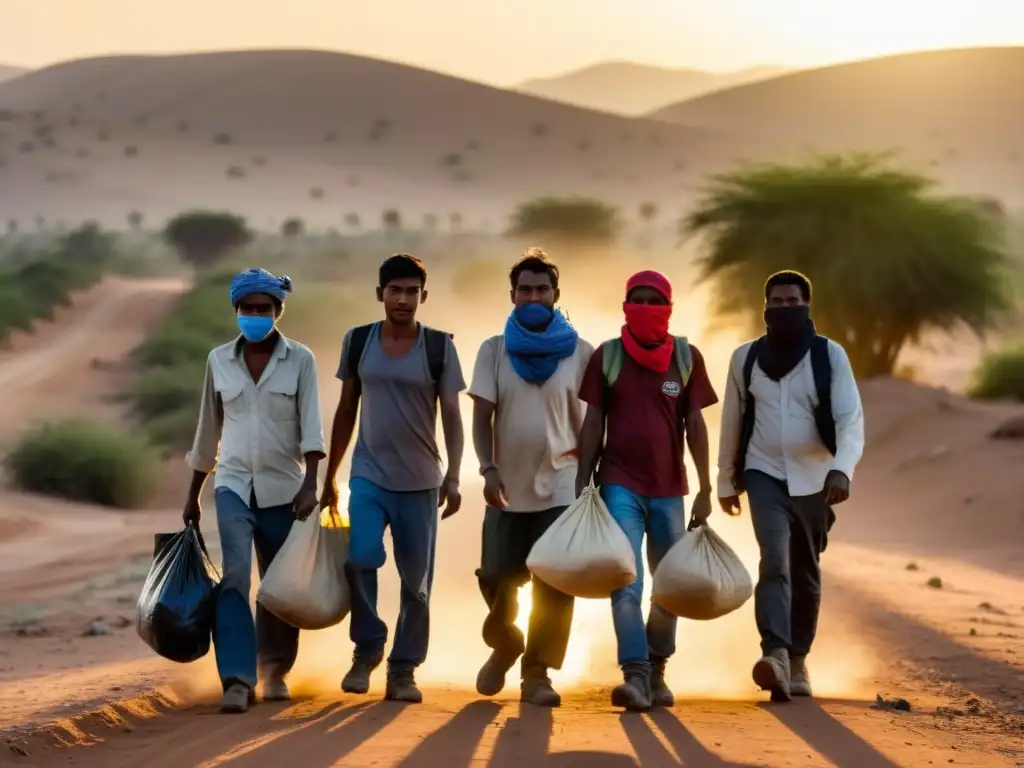 Trabajadores migratorios caminan exhaustos por un camino polvoriento al atardecer