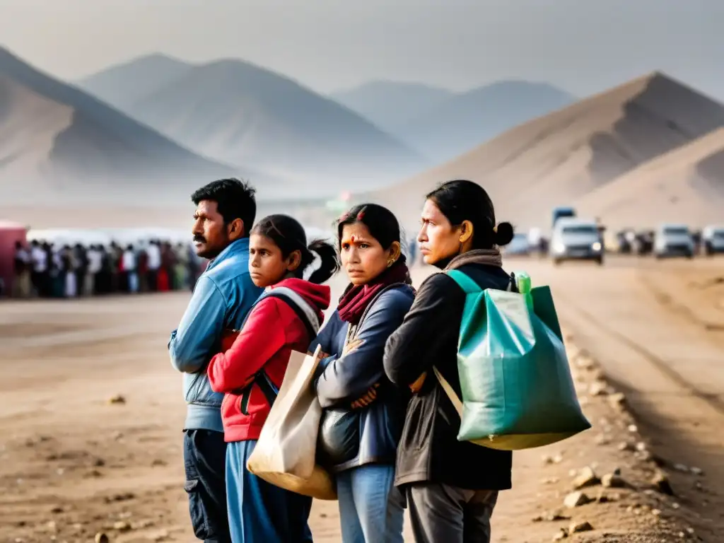 Trabajadores migratorios en fila en un puesto fronterizo, rostros desgastados y expresiones cansadas