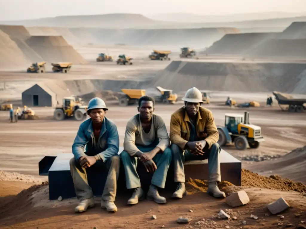 Trabajadores en mina de minerales de conflicto en zona de guerra, laborando en duras condiciones con maquinaria pesada