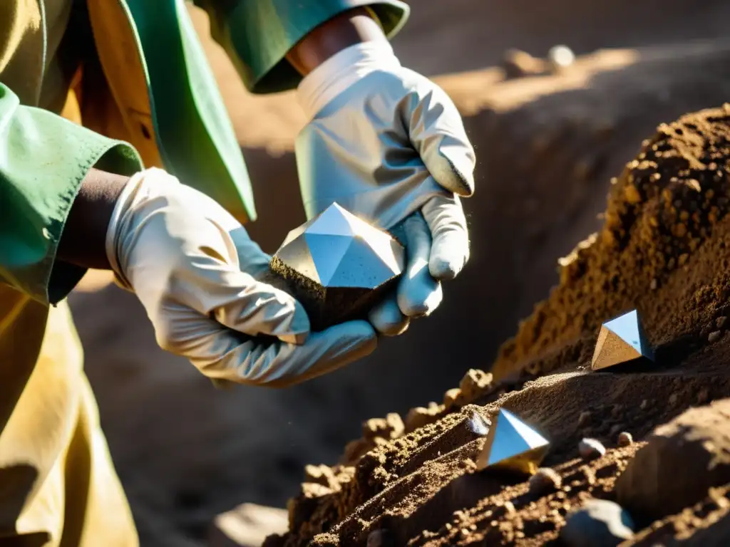 Trabajadores mineros extrayendo un diamante cubierto de tierra