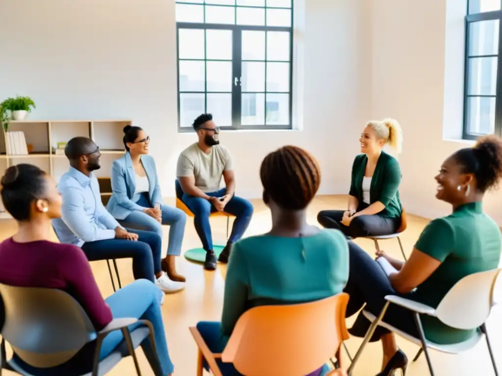 Diversos trabajadores de oficina participan en una sesión de apoyo a la salud mental en el trabajo, creando un ambiente de apoyo y empatía genuina