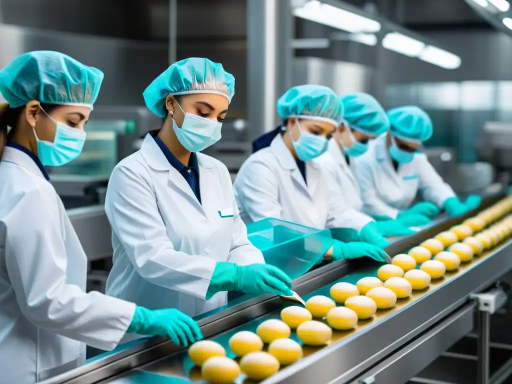 Trabajadores en planta de alimentos inspeccionan con cuidado, resaltando la calidad y seguridad