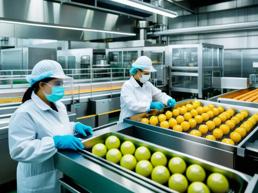 Trabajadores supervisan la producción en una planta de alimentos, destacando el impacto de la industria alimentaria en la salud y la sociedad