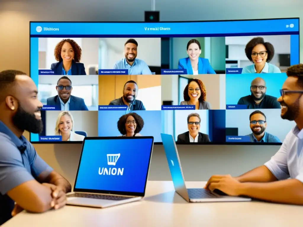 Reunión sindical virtual: integración digital en la defensa colectiva Trabajadores diversos participando en reunión sindical virtual, integrando tecnología en organizaciones laborales en la era de internet