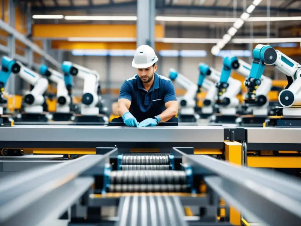 Trabajadores y robots en fábrica, reflejando el impacto de la automatización en el trabajo