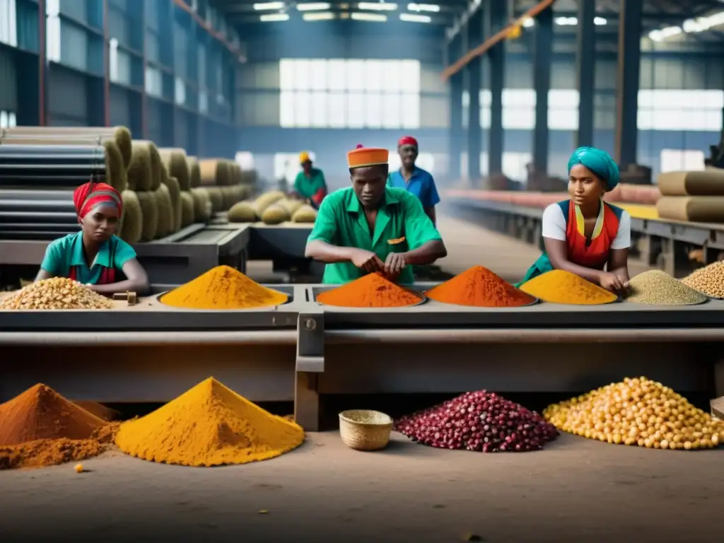 Trabajadores en ropa tradicional operan maquinaria moderna en fábrica, mostrando el impacto de la globalización en los derechos laborales