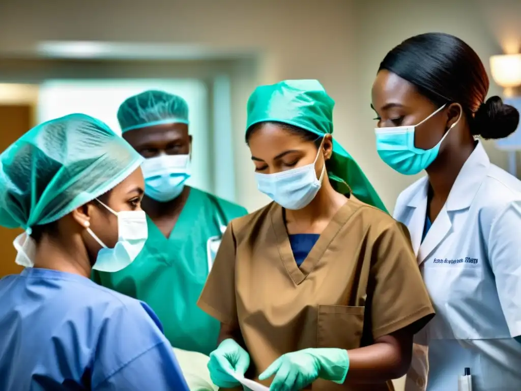 Diversos trabajadores de la salud colaboran en un hospital, simbolizando el compromiso global con el Derecho a la salud desafíos globales