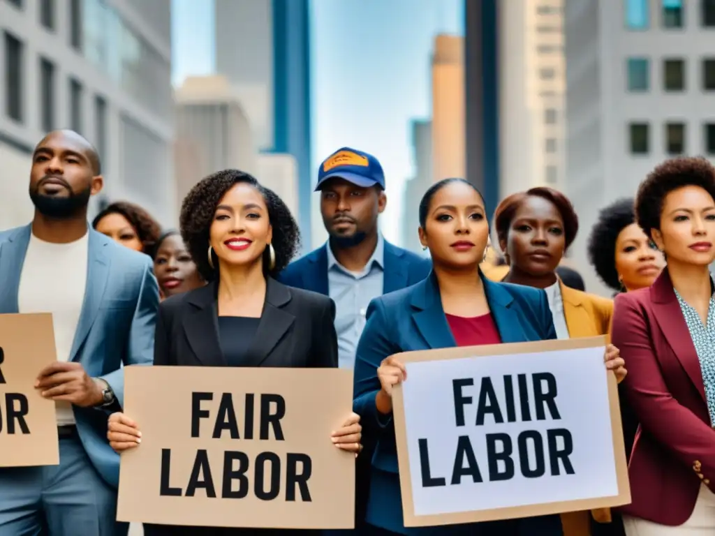 Diversos trabajadores unidos en promoción de derechos laborales dignos, con pancartas y determinación en sus ojos, en un paisaje urbano